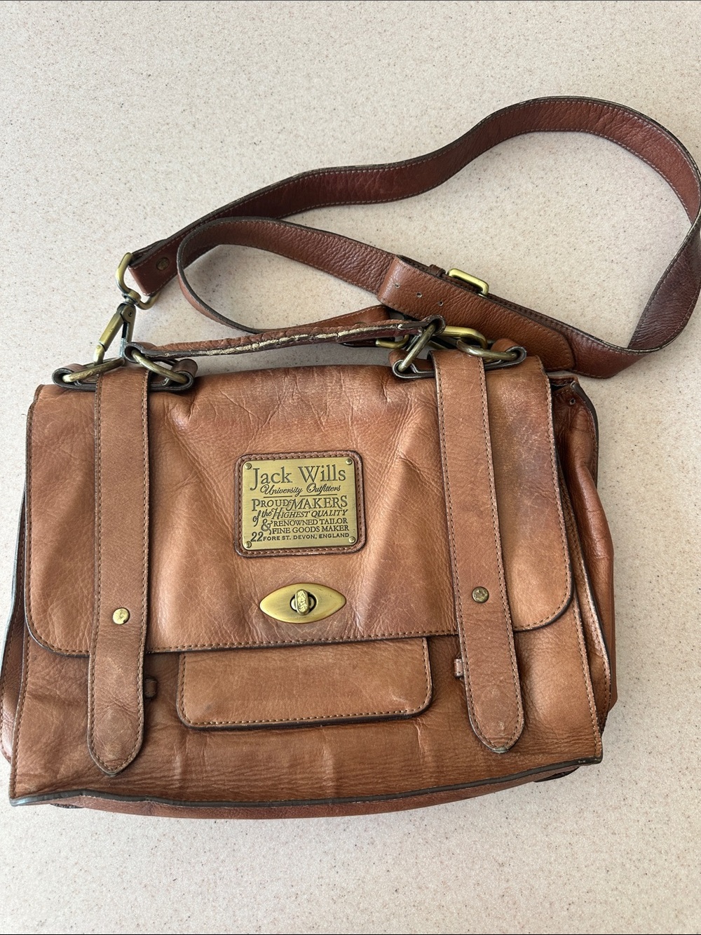 Jack Wills Tan Brown Leather Messenger Bag with Brass Hardware